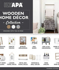 Wooden home decor collection display with various items including decorative ladders and shelves.