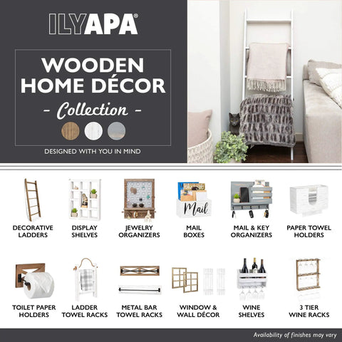 Wooden home decor collection display with various items including decorative ladders and shelves.