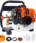 Portable Gas Powered Backpack Sprayer For Garden And Farm Use Two Stroke One Point Five Horsepower Engine Delivers Up To Five Hundred Seventy PSI At Eight Thousand Five Hundred RPM Ideal For Crop Spraying And Vehicle Or Equipment Cleaning, with accessories shown.