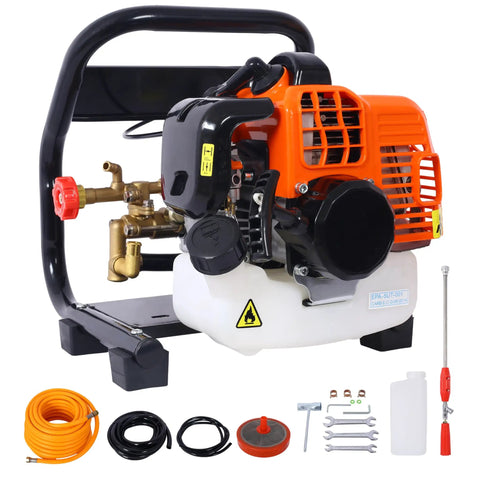 Portable Gas Powered Backpack Sprayer For Garden And Farm Use Two Stroke One Point Five Horsepower Engine Delivers Up To Five Hundred Seventy PSI At Eight Thousand Five Hundred RPM Ideal For Crop Spraying And Vehicle Or Equipment Cleaning, with accessories shown.