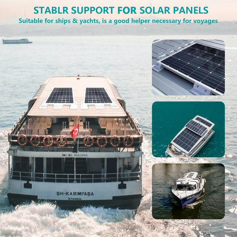 Solar panels on boat roof using Easy Install No Drill RV Solar Panel Roof Mount Kit, 7 Piece White Brackets For Caravans And Campervans.