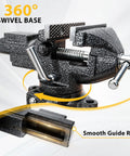 Beefy Heavy Duty 2-In-1 Bench Vise With 3.3 Inch Jaw Width 360 Degree Swivel Base shown with smooth guide rail