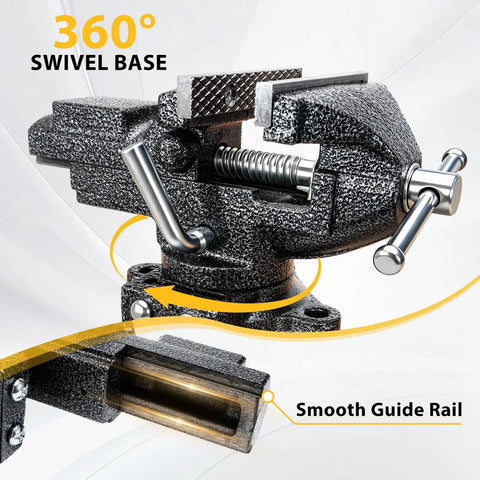 Beefy Heavy Duty 2-In-1 Bench Vise With 3.3 Inch Jaw Width 360 Degree Swivel Base shown with smooth guide rail