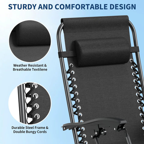 Close-up of Zero Gravity Lounge Chairs Set Of 2 With Pillow And Cup Holder Tray Adjustable Folding Outdoor Camping Reclining Chairs For Deck Patio Beach Lawn Garden Black showcasing steel frame and fabric.