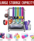 Three Tier Rolling Garage Storage System For Sports Gear And Yoga Mats Beefy Heavy Duty Organizer With Side Basket Displayed Full