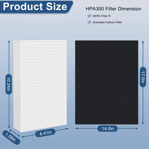Air Purifier Filter Replacement Kit For Honeywell HPA Series, HEPA and carbon pre-filters with dimensions for HPA300