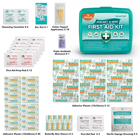 General Medi 420-piece first aid kit in teal pocket case; 6-pack with 70-item boxes including bandages and antiseptics.