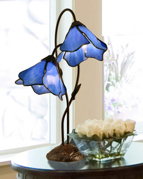 Poelking 2-Light Blue Lily Table Lamp In Dark Antique Bronze Finish, Dual Shimmery Blue Glass Lily Accents With Curved Metal Stems