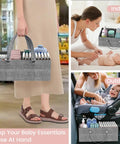 Portable baby diaper caddy with compartments for wipes and essentials, shown in a shopping, indoor nursery, and car seat setting.