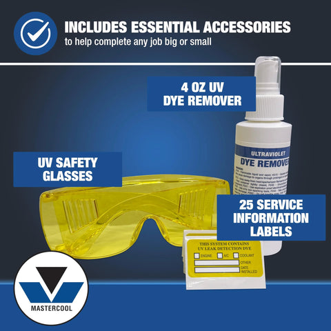Mastercool UV leak-detection kit front view with yellow safety glasses, 4 oz UV dye remover bottle, and service labels