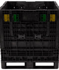 Rugged Collapsible Bulk Storage Container Featuring Four Way Forklift Access And Two Drop Doors Standard Duty Stacking Pallet Box With One Thousand Seven Hundred Pound Capacity, black plastic with colorful latches.