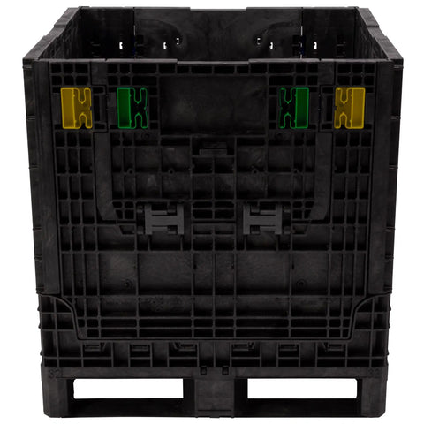 Rugged Collapsible Bulk Storage Container Featuring Four Way Forklift Access And Two Drop Doors Standard Duty Stacking Pallet Box With One Thousand Seven Hundred Pound Capacity, black plastic with colorful latches.