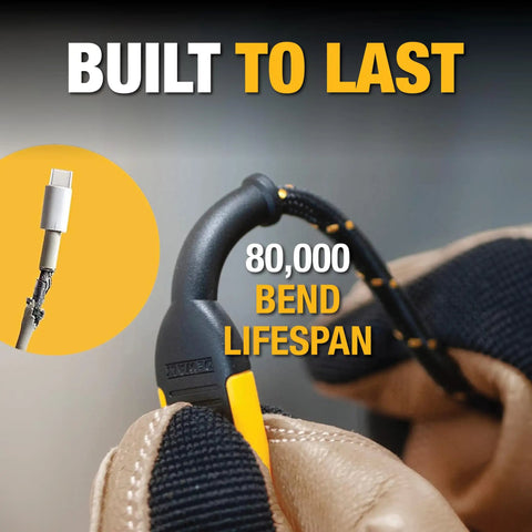Gloved hand holding Beefy Kevlar Reinforced USB A To Type C Cable, Ultra Rugged Charger, 80,000 bend lifespan