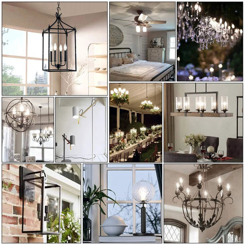 Collage of chandelier and sconce settings with 8W Dimmable LED Candelabra Bulb With 800LM 4000K Daylight White E12 Base.