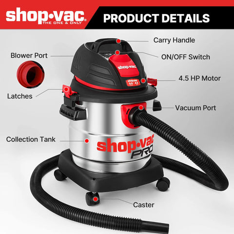 No Sweat 5 Gallon Stainless Steel Wet Dry Vacuum Featuring 4.5 Peak Horsepower Motor showing blower port and collection tank.