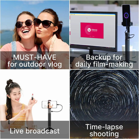 Collage showcasing 10000mAh Battery Handle Grip For DSLR Action Camera And Smartphone Rig with vlogging and streaming uses.