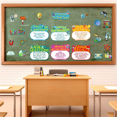 Science Bulletin Board Set With Colorful Lab Cutouts And Scientist Posters, 25 Piece Must Have Classroom Decor Kit displayed on a board.