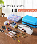 Heavy Duty Handheld Sewing Machine Kit With Blue Leather Storage Case And 110 Piece Sewing Kit including threads, scissors, and tools.