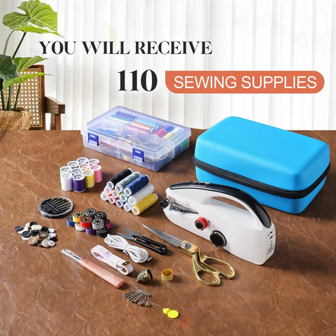 Heavy Duty Handheld Sewing Machine Kit With Blue Leather Storage Case And 110 Piece Sewing Kit including threads, scissors, and tools.