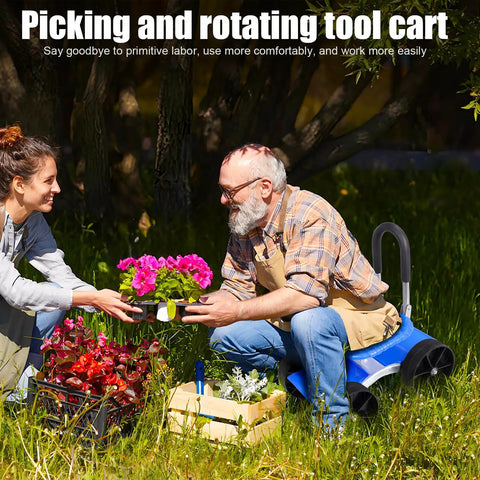 Man using Rolling Garden Stool With 360 Degree Swivel, Foldable Garden Seat On Flat-Wheeled Cart for yard work, exchanging plants