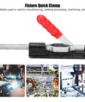 Beefy Quick Release Toggle Clamp With 1278 Lbs Holding Power shown with red handle and metallic body for industrial use