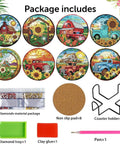 Fall Diamond Art Coaster Kit For Adults Eight Piece Set With Holder Cork Bases And Diamond Pens DIY Diamond Painting Coasters Featuring Sunflower Floral Truck Designs 4x4 Inches Beginner Friendly Super Easy Starter Set package contents.