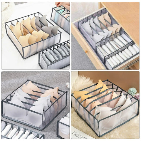 Jeans Organizer For Closet Extra Large 7 Grid Wardrobe Storage Box displayed in various settings with folded clothes inside.