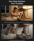 Man using 3 In 1 Wireless Charging Station for iPhone Apple Watch and AirPods, tidy desk with lamp, nightstand scene