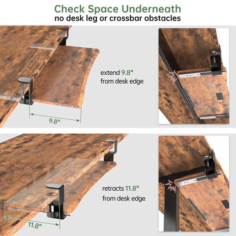 Extra Large Under Desk Keyboard Tray With Slide Out Design, Sturdy C Clip Mount System, Rustic Vintage Brown Finish
