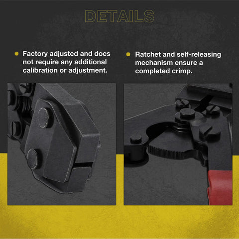 Close-up of Ratchet PEX Crimping Clamp Cinch Tool And Pipe Hose Cutter Set showing factory adjustments and ratchet mechanism.