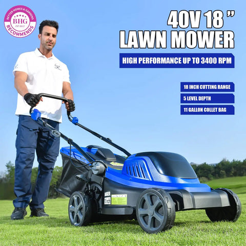 Man operating 40V Cordless Mower With 18-Inch Brushless Power That Eats Thick Grass For Breakfast, Includes 4.0Ah Battery And Fast Charger