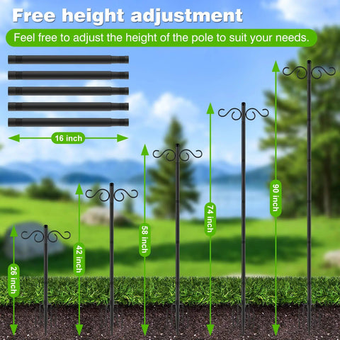 Two Pack 90 Inch Bird Feeder Pole With Five Prongs Base Heavy Duty Double Shepherds Hooks For Outdoor Garden height adjustment