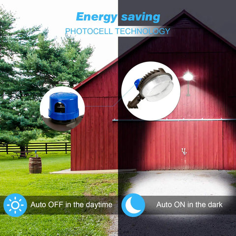 Two Pack 120W LED Barn Lights With 18000 Lumens Each, Beefy 36000 Lumens Total, 5000K Dusk To Dawn Outdoor Flood Lights, IP65 shown on barn.