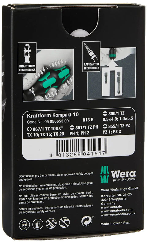 Back packaging of Kraftform Kompakt 10 Piece Screwdriver Set With Rapidaptor Bit Holder, size details, and ergonomic features.
