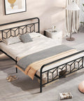 Heavy Duty Queen Metal Platform Bed Frame With Victorian Diamond Headboard And Footboard, Built Tough No Box Spring Needed, Super Sleek Under Bed Storage, Legit Room Upgrade, Matte Black in modern bedroom setting.