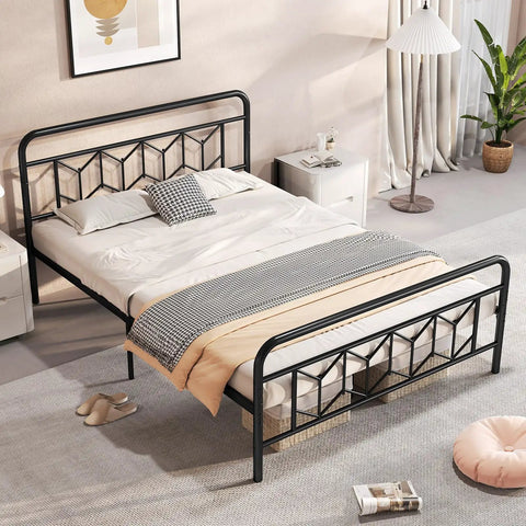Heavy Duty Queen Metal Platform Bed Frame With Victorian Diamond Headboard And Footboard, Built Tough No Box Spring Needed, Super Sleek Under Bed Storage, Legit Room Upgrade, Matte Black in modern bedroom setting.
