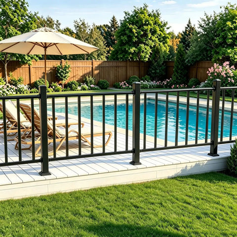 Top Shelf Deck Railing Kit For Patios And Balconies With Post 36 Inch Height And 3 Feet Wide Durable Outdoor Porch Guardrail around a pool.