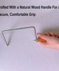 7.5 Inch Badass Cheese Slicer Kit Stainless Steel Wire Cutter With Wood Handle shown in use for easy cheese slicing.