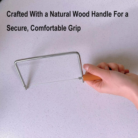 7.5 Inch Badass Cheese Slicer Kit Stainless Steel Wire Cutter With Wood Handle shown in use for easy cheese slicing.