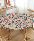 Patriotic Round Tablecloth With Elastic Edge For 40 44 Inch Tables Water Resistant Red White Blue Stars Outdoor Picnic Patio Party Cover Snug Fitted To Stop Slips And Bunching For Memorial Day Fourth Of July Celebrations on wooden table.