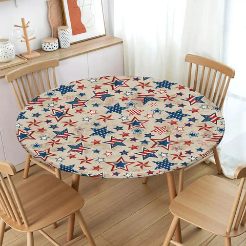 Patriotic Round Tablecloth With Elastic Edge For 40 44 Inch Tables Water Resistant Red White Blue Stars Outdoor Picnic Patio Party Cover Snug Fitted To Stop Slips And Bunching For Memorial Day Fourth Of July Celebrations on wooden table.