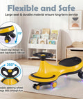 The Totally Hassle Free Wiggle Car For Toddlers With Super Slick Flashing LED Wheels and a Nifty Two In One Swing Design; yellow color, flexible steering, and durable material.