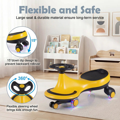 The Totally Hassle Free Wiggle Car For Toddlers With Super Slick Flashing LED Wheels and a Nifty Two In One Swing Design; yellow color, flexible steering, and durable material.