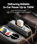 Snapped Into Your Cigarette Lighter This 150W Car Power Inverter with phone charging in car cup holder.