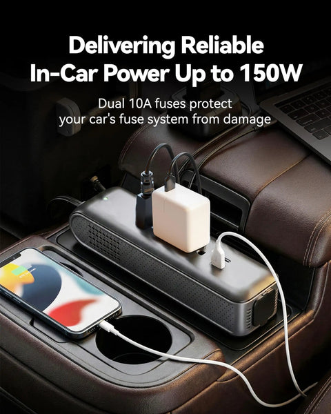 Snapped Into Your Cigarette Lighter This 150W Car Power Inverter with phone charging in car cup holder.
