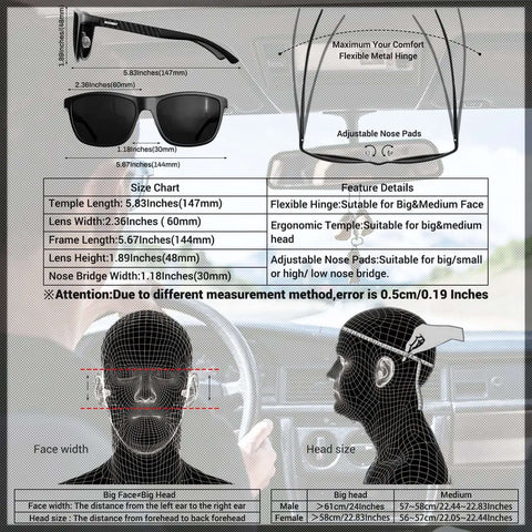 Driving Sunglasses For Men Dope Polarized UV400 Protection Metal Frame For Road Trips And Outdoor Adventures with size chart and features.