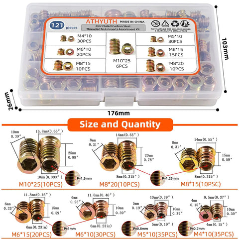 Threaded Inserts For Wood Kit 121 Pieces Zinc Plated Steel Hex Socket Flanged Threaded Wood Inserts For Hardwoods M4 M5 M6 M8