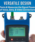 Power Meter For PON Fiber Networks, Measures 1310 1490 1550 nm Simultaneously, LCD display showing signal power reading.
