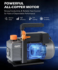 Orion Motor Tech AC vacuum pump with gauge kit; gray pump body, orange fittings and cap, black carrying handle