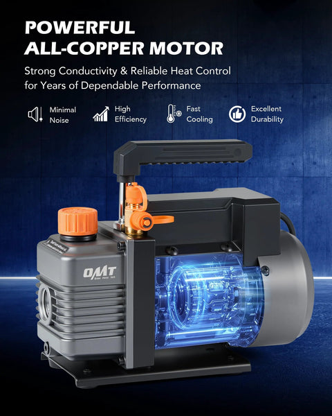 Orion Motor Tech AC vacuum pump with gauge kit; gray pump body, orange fittings and cap, black carrying handle